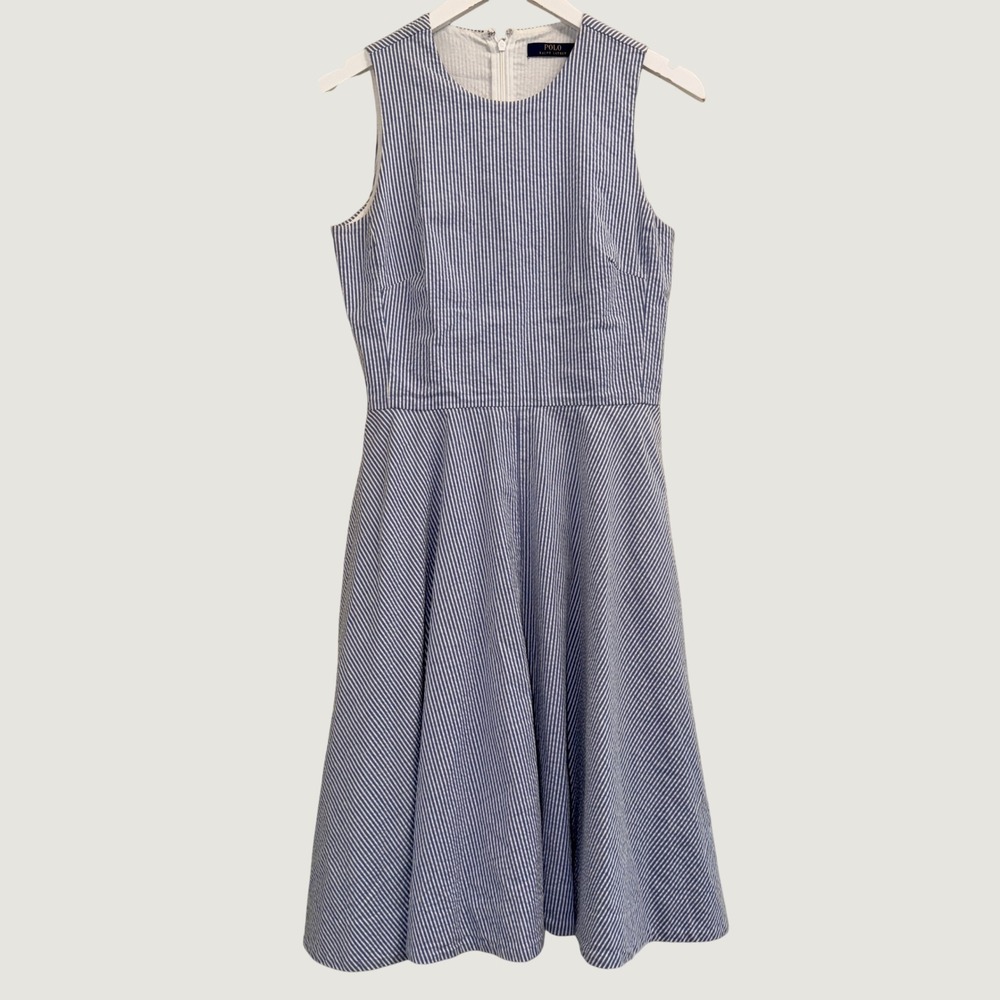 Polo Ralph Lauren Fit Flare Seersucker Dress Womens 2 Blue White Striped Coastal